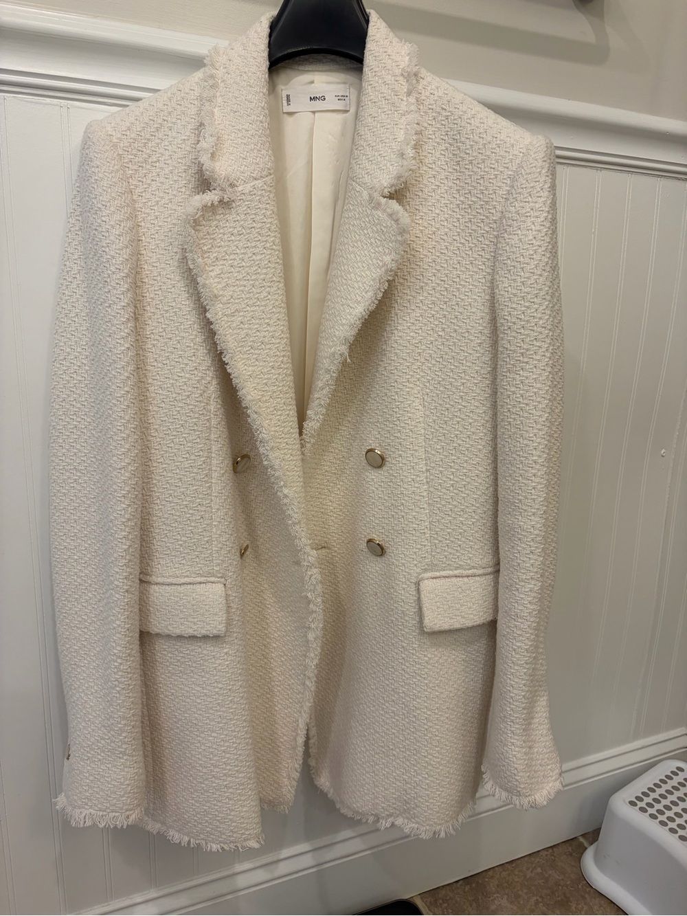 Mango Cream Bouclé Double-Breasted Blazer with Gold Buttons